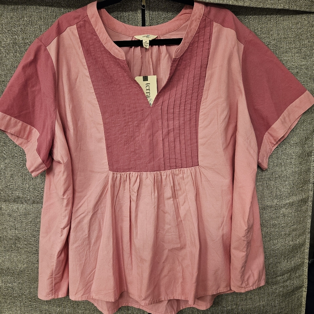 Terra & Sky Women's Plus Size Pleated Split Neck Top with Short Sleeves 2XL